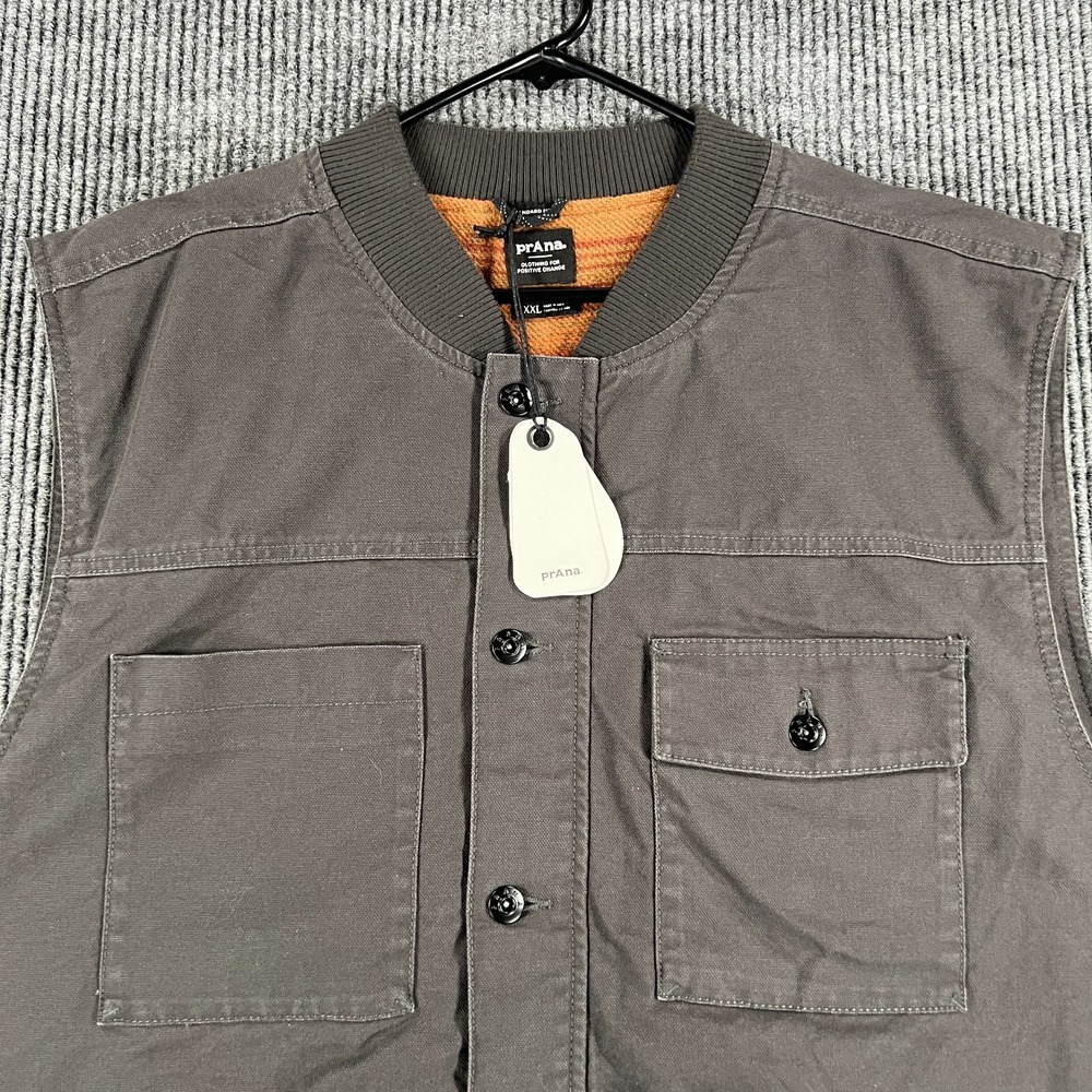 Prana Canvas Vest Jacket Mens 2XL XXL Brown Gray Sleeveless Lined Full Zip New - Picture 5 of 15